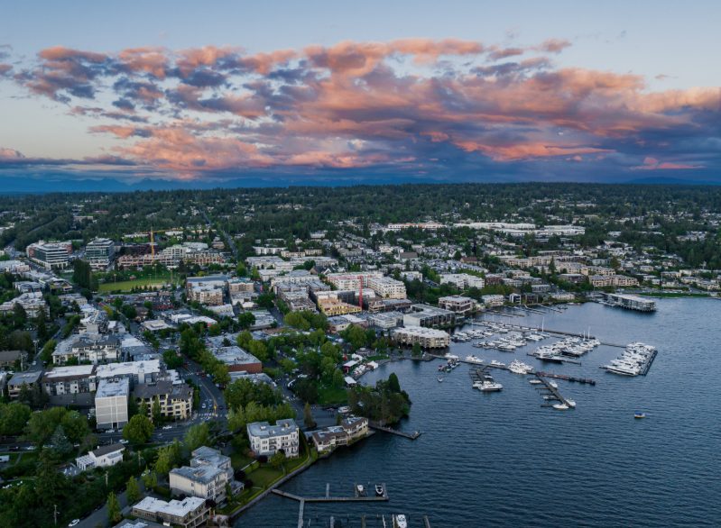 Downtown Kirkland waterfront and marina at dusk